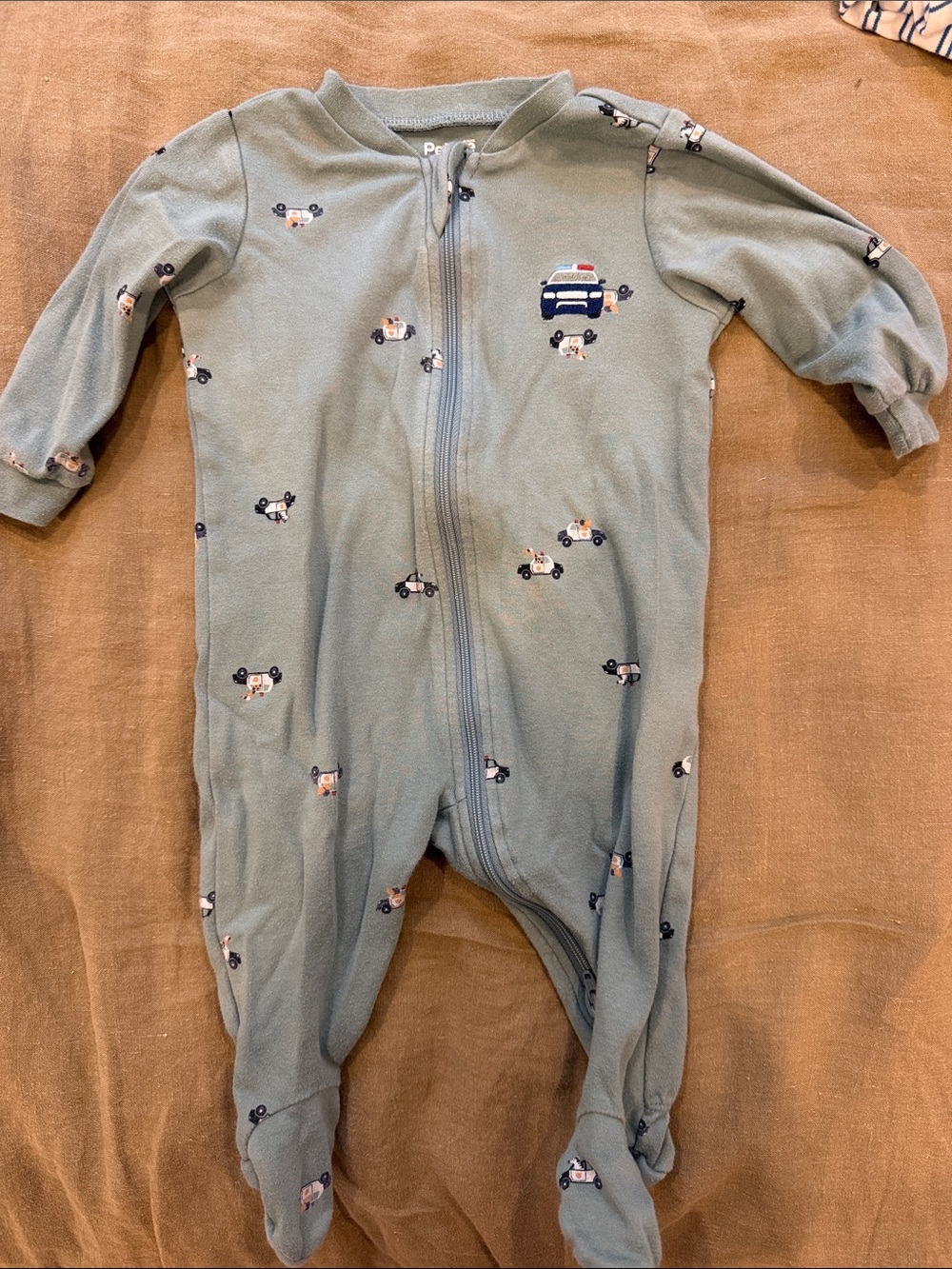 4/ $25 Pekkle Zip-Front Sage Footed One-Piece with Police Car Print